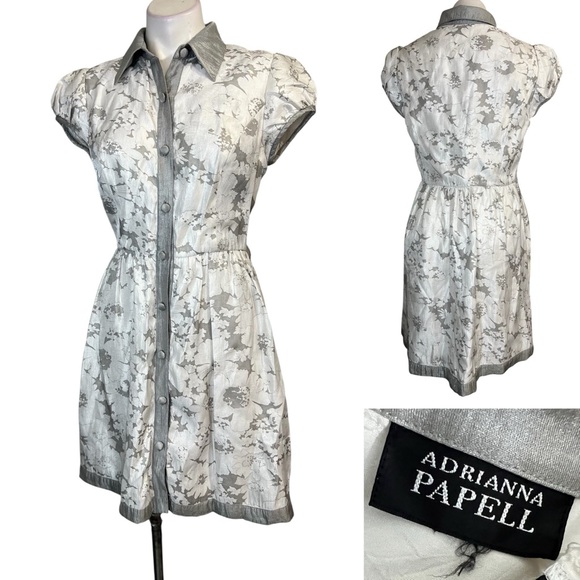 Adrianna Papell dress sz 4/6 Gray Floral satin short sleeve button down office - Picture 1 of 5